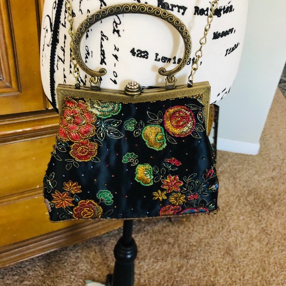 Handbags - Vintage Satin beaded with antique brass handle